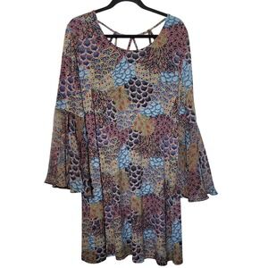 MSK Boho Mini Dress Bell Sleeves Paisley Print Criss‎ Cross Back Peacock Size XL